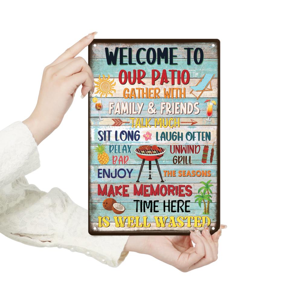 Welcome to Our Patio Vintage Metal Tin Sign - Rustic Wall Art with "Gather with Family & Friends" Design, Perfect for Home Decor
