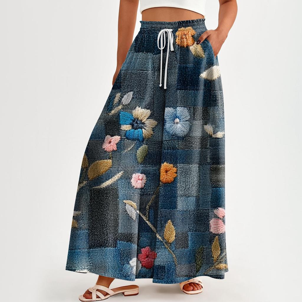 Женские брюки с высокой талией и карманами, повседневные брюки с цветочным принтом