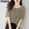 Brand Niche Versatile Striped Short-sleeved T-shirt Women's Summer Hollow Knit Loose and Thin Fashion Trend Tops