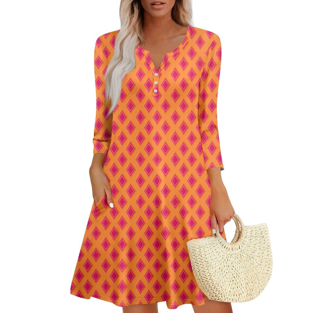 Women's Summer Dress Loose V Neck Three-quarter Sleeve Sundress With Pockets Dress