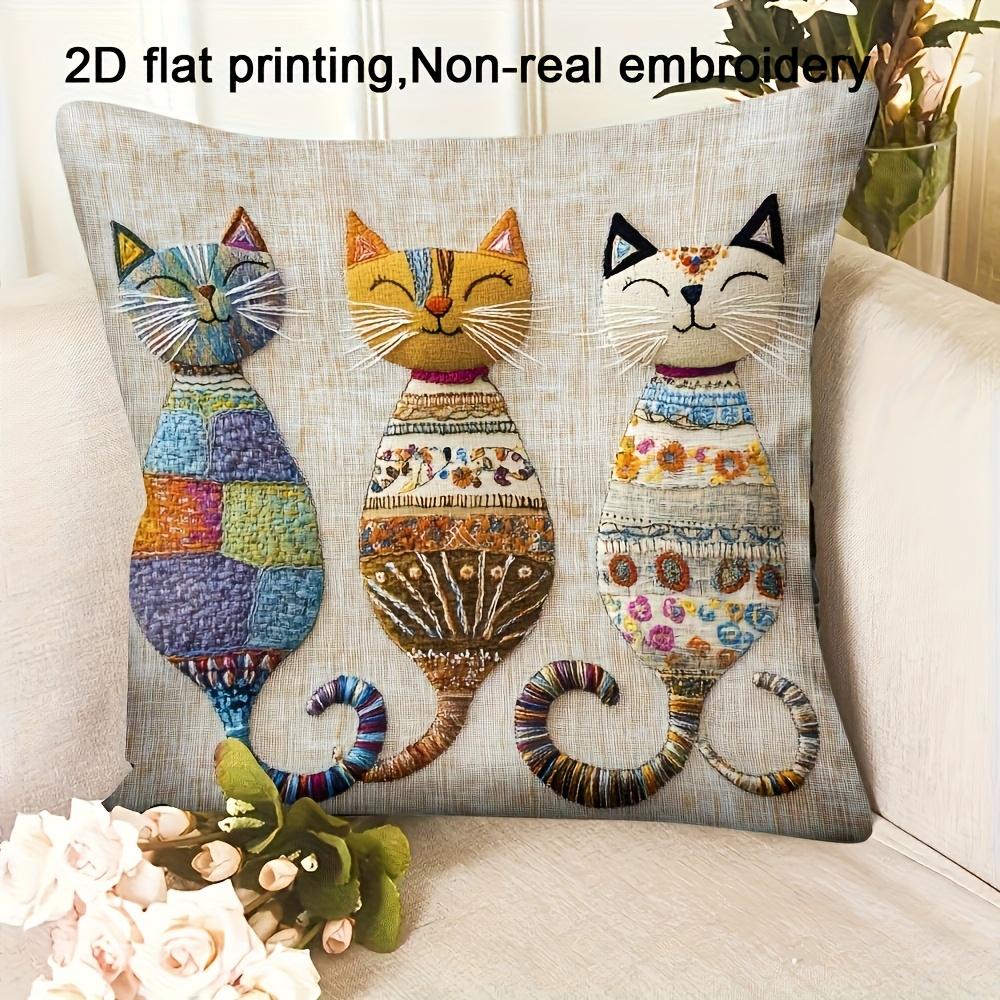 Colorful Three Cats Pillow Cover Boho Print Cushion Case Whimsical Cat Trio Cat Lover Sofa Living Room Gift