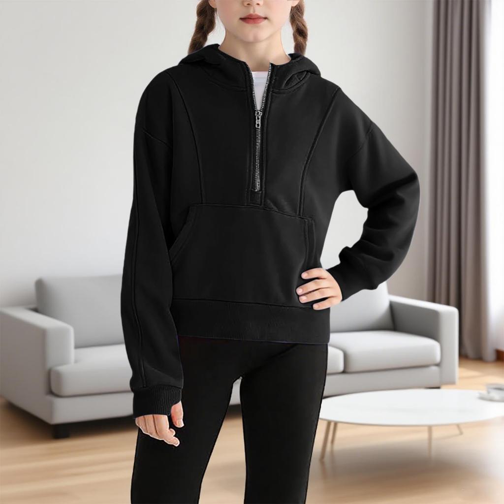 Children's Hooded Zipper Thickened Sweatshirt For Girls Solid Color Top