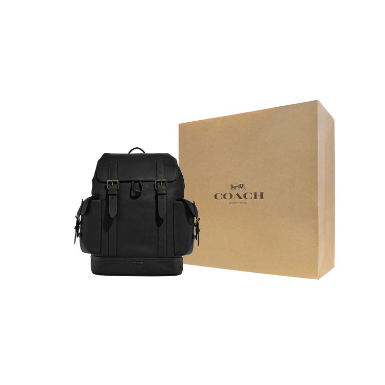 Coach Hudson 30 Solid Color Flap Drawstring Closure Internal Zipper Pocket Natural Grain Leather Backpack Men backpack Black CB837-QBBK