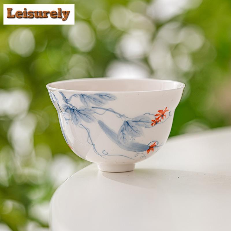 90ml Hand-painted Loofah Master Cup Dehua White Porcelain Teacup Single Master Cup Large Gourd Tea Bowl Kung Fu Teaset Drinkware