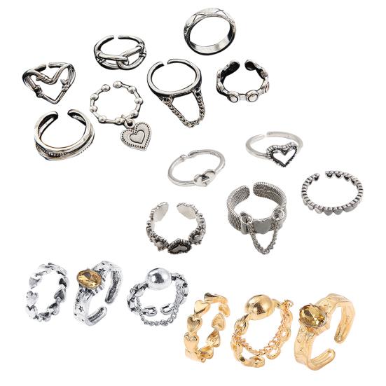 1 Set Women Ring Heart Shape Chain Decor Opening Design Metal Finger Ring Dates Parties Jewelry Accessory