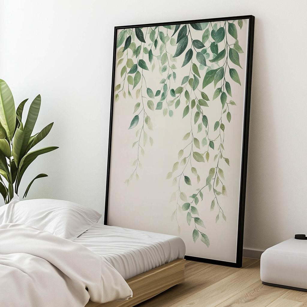 Minimalistyczny Plakat Z Zielonymi Liśćmi Minimalistyczny Plakat Z Zielonymi Liśćmi, 30X40 Cm, Rama Drewniana Jasny Dąb, Papier Matowy 230 Gsm