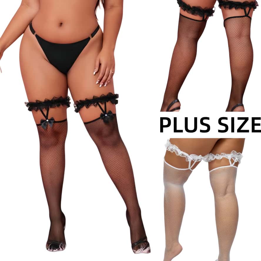 Черные Белые Банты Кружево Сетка Длинные Носки Выше Колена Сексуальные Лолита Девушки Подвязки Шелковые Чулки до Бедра Большого Размера для Женщин XXXL