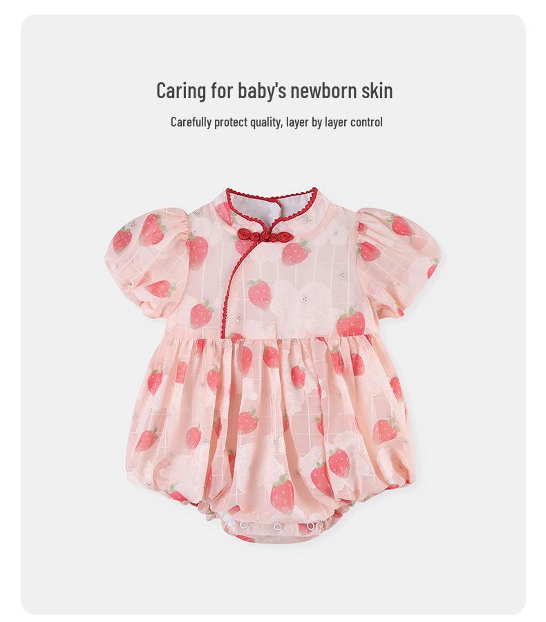 Летний детский ромпер с клубничным принтом на 2025 год - Треугольный комбинезон для ползания для девочки одного года