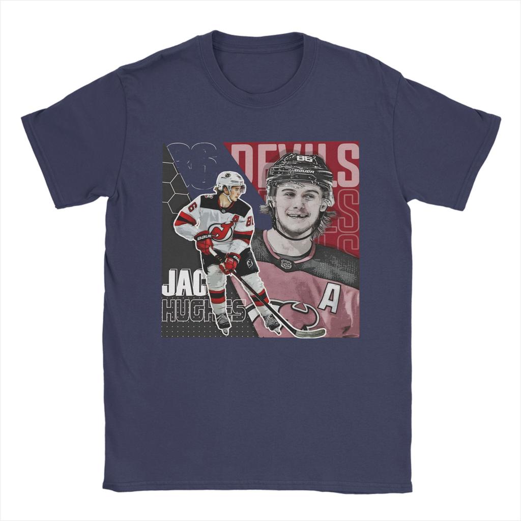 Плакат с дизайном Jack Hughes Hockey Мужские футболки Devils для отдыха 100% хлопок Футболки с коротким рукавом и круглым вырезом Одежда больших размеров