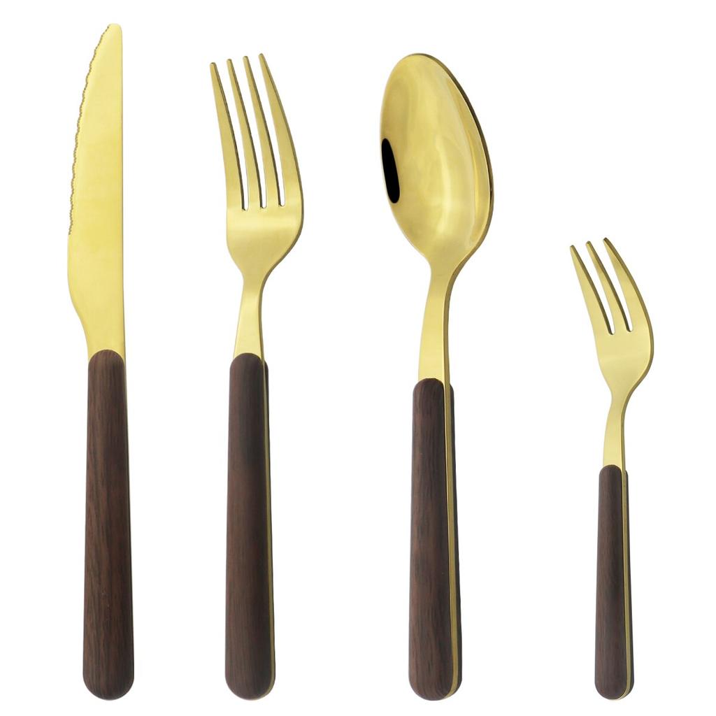 4 шт. золотой набор столовых приборов из нержавеющей стали, посуда с деревянной ручкой, глянцевый нож, вилка, ложка, набор кухонных столовых приборов в западном стиле