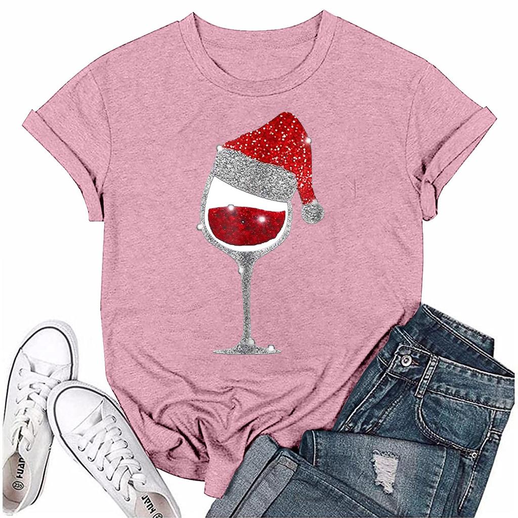 Женский повседневный рождественский принт с короткими рукавами и круглым вырезом, свободный пуловер, топ