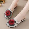 2025 Big Flower Cow Leather Sandals Womens Summer Cut Out Mules Low Heels Woman Retro Luxury Slipper Sandals Lady Slip On Shoes