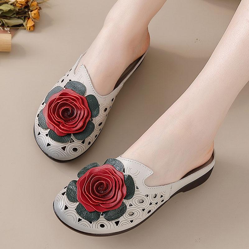 2025 Big Flower Cow Leather Sandals Womens Summer Cut Out Mules Low Heels Woman Retro Luxury Slipper Sandals Lady Slip On Shoes