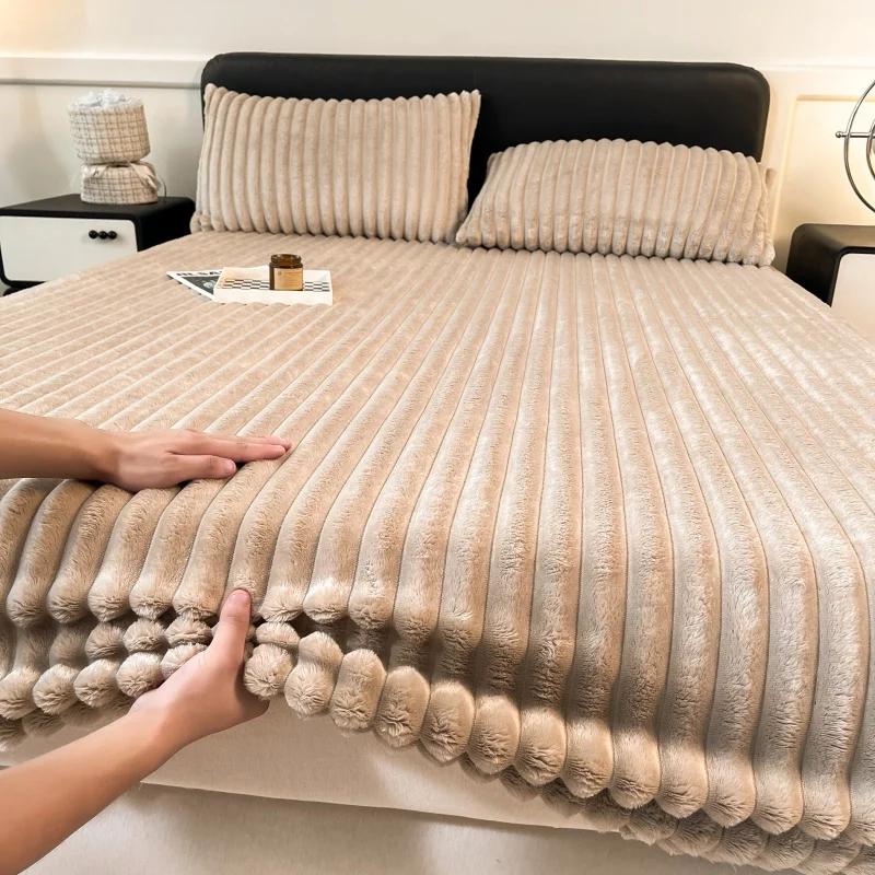 3шт/1 комплект простыни из плюша и бархата на резинке (1xПростыня+2xНаволочки)Толстая простыня на резинке, защитный чехол для матраса, зимняя толстая простыня из кроличьего флиса