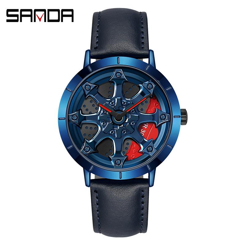 SANDA Часы со стальным ремнем, модные повседневные мужские часы с крутым циферблатом, кварцевые часы на колесе автомобиля