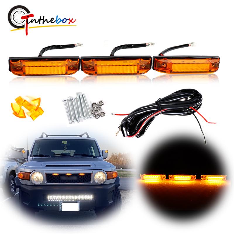 3pcs Amber/ White LED Front Center Grille DRL Driving Light w/ Wiring Harness Kit For 2007-2014 Toyota FJ Cruiser 12V