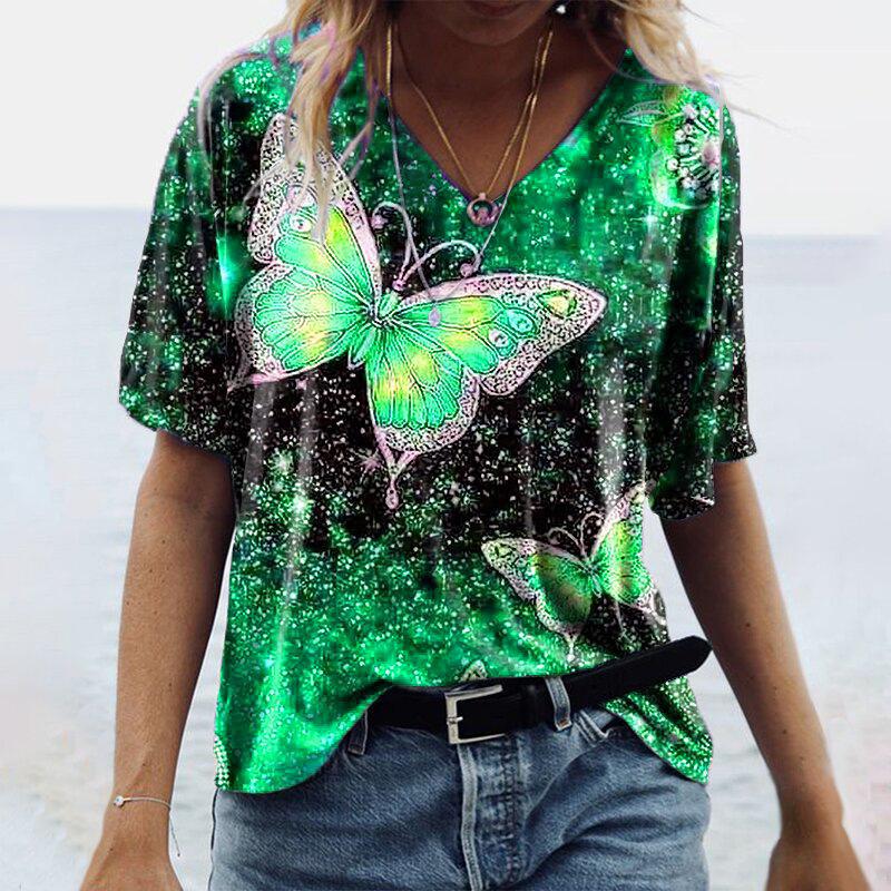 3D Butterfly Printed Women's T-shirt, V-neck Casual New Short-sleeved Style