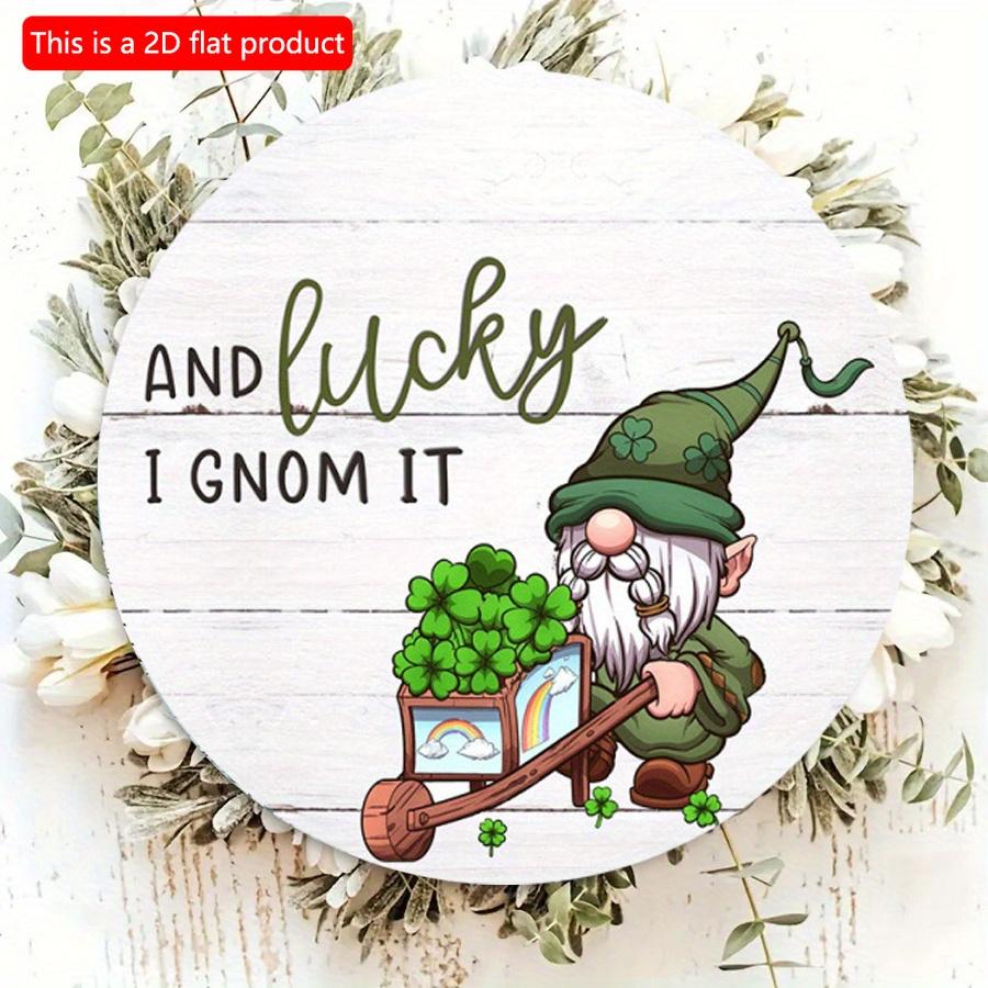 2D Flat 20*20см 1шт И Lucky I Gnom it St. День Святого Патрика Круглый деревянный домашний декор, зеленая шляпа Старый эльф и четырехлистный клевер узор Праздничная вечеринка