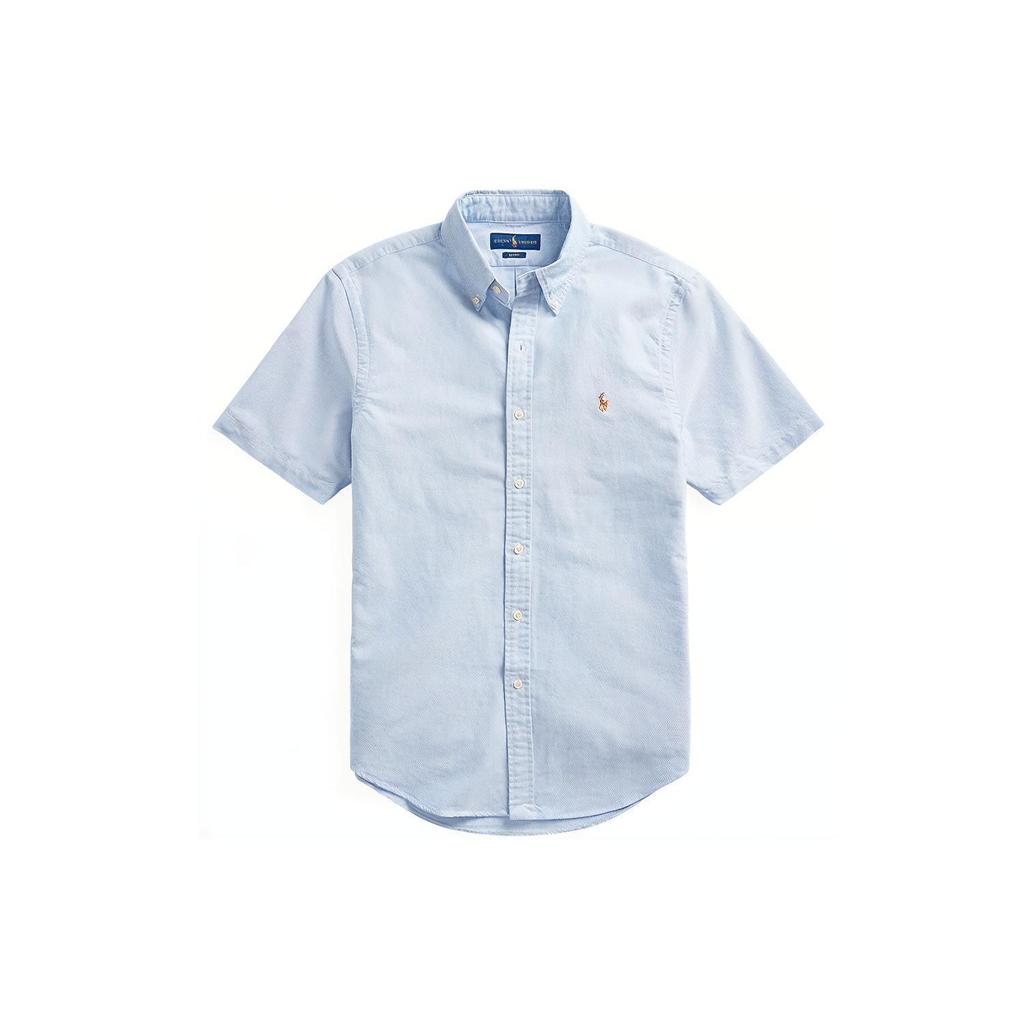 Polo Ralph Lauren SS22 Однотонная однобортная рубашка с коротким рукавом из ткани Оксфорд, мужские рубашки синего цвета MNPOWOV1N820050-400