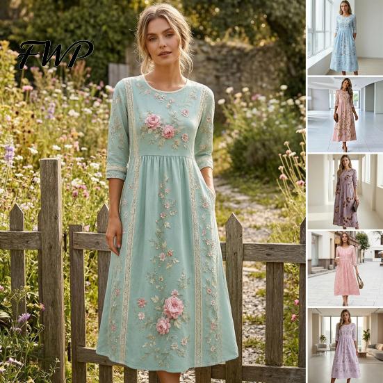 Slimming Silhouette Midi Dresses Autumn Floral Dress for Women, Long Sleeve Bohemian A Line Slim Fit Covering Belly Fat Dress, Vintage Waist-Cinching