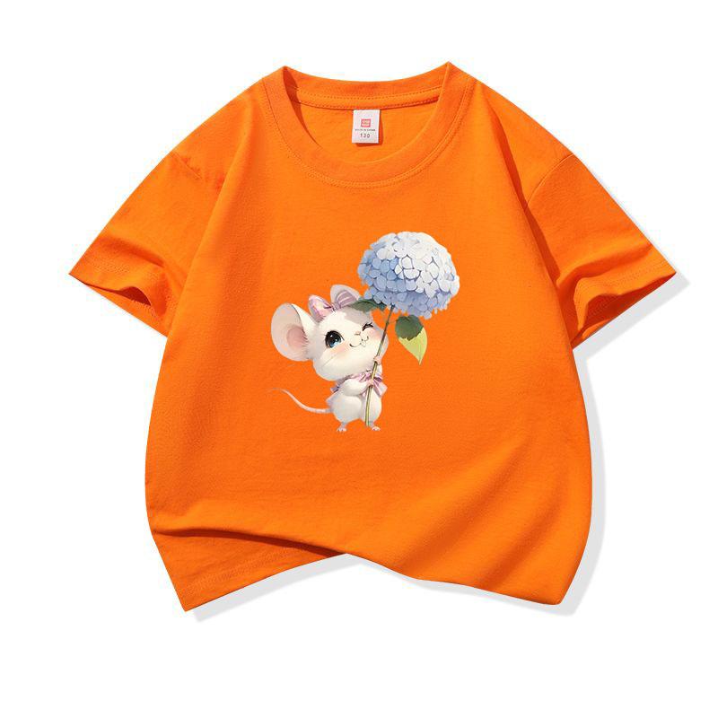 Kids Cotton T Shirt Mouse Holding Hydrangea Flower Print Crew Neck Short Sleeve Tee Casual Boys Girls Summer Tops