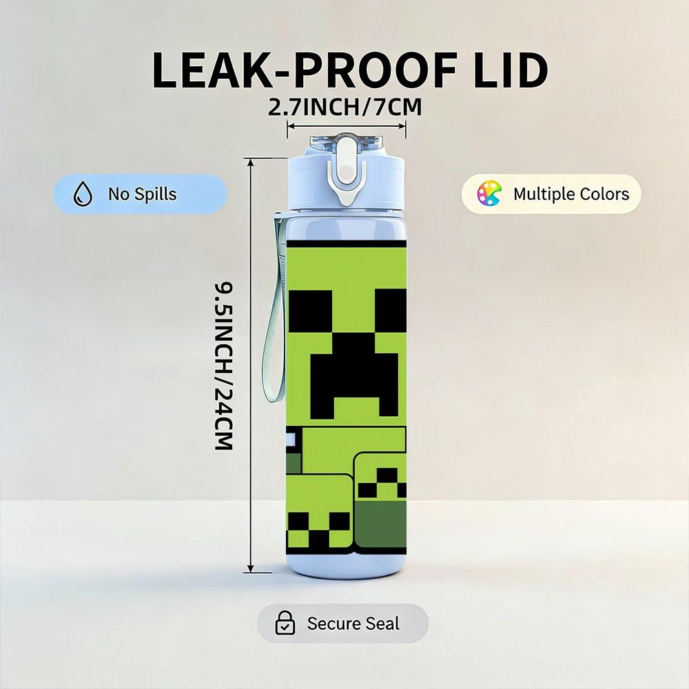 1PC Minecraft Pixel Creeper Face Print 750ml Color Plastic Sports Water Bottle Leakproof Flip Straw Lid Suitable for Sports Office Home Use