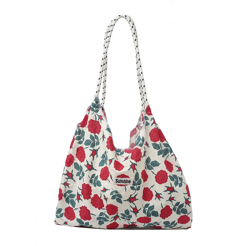 Floral Canvas Tote Bag Large Capacity Casual Shopper For Daily Use