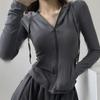 Streetwear Zip Up Oversized T Shirts Women Vintage Sexy Solid Hooded Cardigan Long Sleeve Cropped Tops Tracksuit