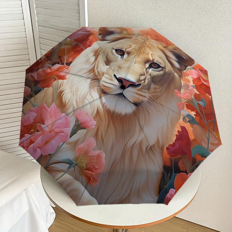 1pc Lion Floral Print Automatic Folding Umbrella, Heavy-Duty 8-Rib Construction, Perfect for Everyday yy251114112