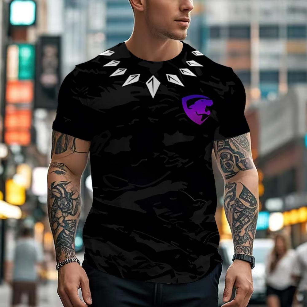 Персонализированная черная футболка с короткими рукавами и леопардовым принтом в сочетании с фиолетовым логотипом с круглым вырезом и короткими рукавами, напечатанными на 3D-принте для мужчин