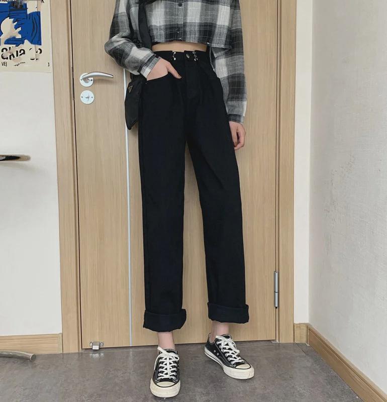 Женские черные джинсы с высокой талией и широкими штанинами — облегающие, свободные, в корейском стиле на весну и осень 2021 г.