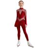 Girls Mock Neck Long Sleeve Sheer Mesh Patchwork Shiny Rhinestones Figure Skating Jumpsuit