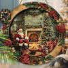 Vintage Christmas Wooden Sign with Santa Claus & Fireplace Pattern - Navidad Round Sign for Front Door Wall Hanging Decor - Ideal Christmas Gift
