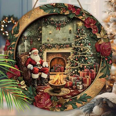 Винтажная рождественская деревянная табличка с рисунком Санта-Клауса и камина - Круглая табличка Navidad для декора на входную дверь или стену - Идеальный рождественский подарок