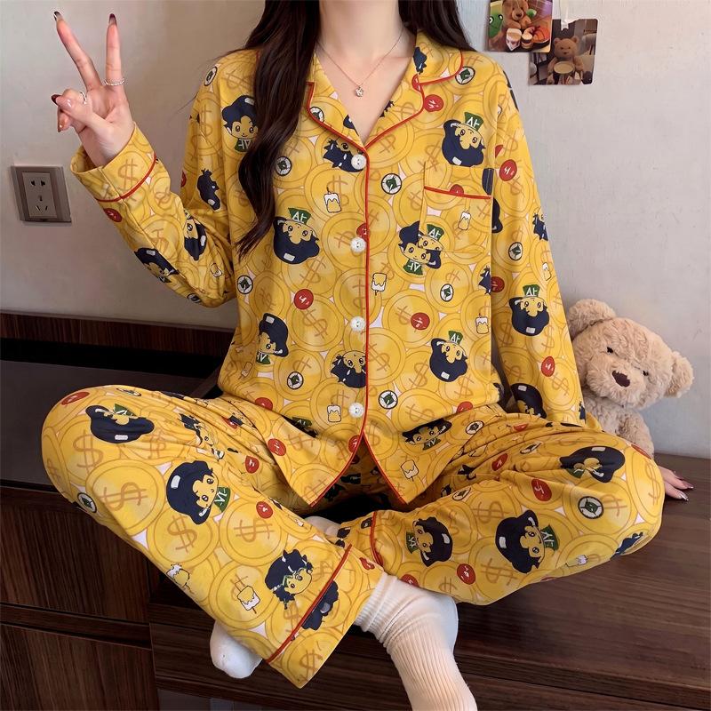 Fun animation two-dimensional yuan autumn imitation cotton pajamas female cartoon casual long-sleeved loungewear suit can be worn outside