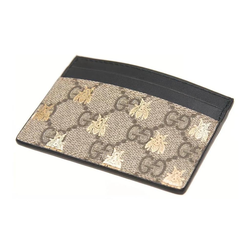 Gucci Кошелек-кардхолдер для женщин, сочетание холста и кожи, с принтом пчел и винтажным логотипом, цвет эбеновое дерево и черный