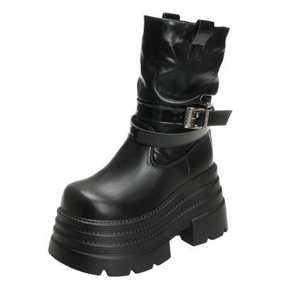 Модные зимние теплые короткие ботинки 10 см на толстом каблуке для женщин, новые кожаные кроссовки средней длины, модные мотоциклетные ботинки с пряжкой, меховая зимняя обувь