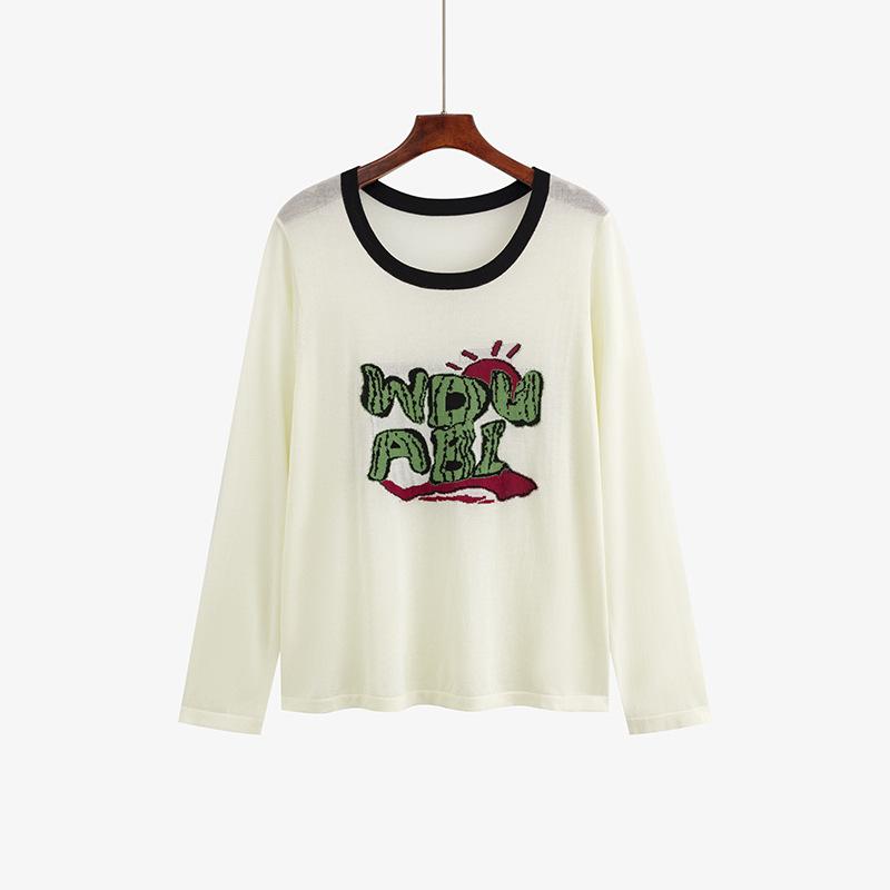 Плюс Размер Женский Круглый вырез Жаккардовый Письмо Топ Длинный Рукав Ранняя Осень Свободный Повседневный Трикотаж