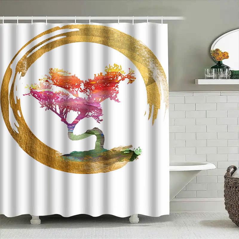 Акварельное дерево Занавеска для душа Декор ванной комнаты Ручная роспись Настенное панно Художественный принт Для украшения дома Размер: 180X180См (72x72 дюйма)