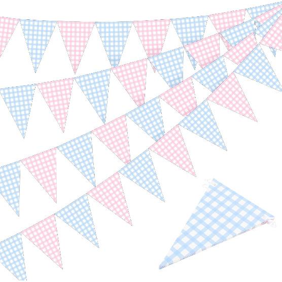 4 Pack Gender Reveal Pennant Banner Blue and Pink Gingham Paper Triangle Flags Hanging Decor for Baby Shower Boy or Girl Gender Reveal Party Backdrop