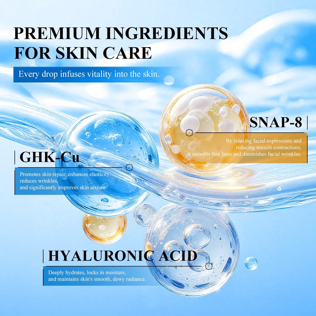 GHK-Cu Copper Peptide Facial Essence contains SNAP-8 and is suitable for reducing fine lines and firming the skin. It is suitable for all skin types.