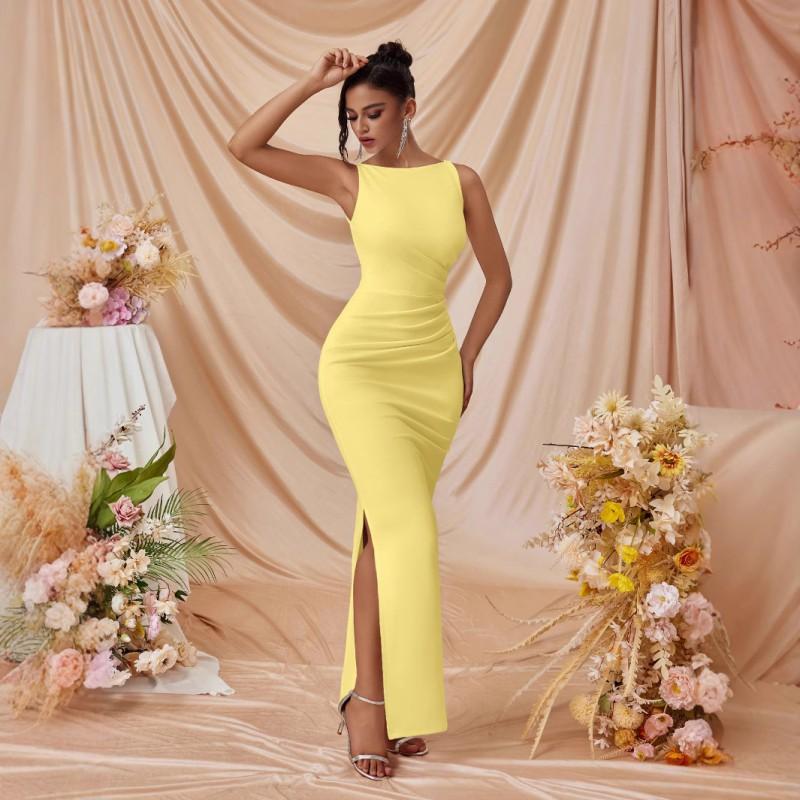 Elegant Sleeveless Solid Color High-Waist Slit Midi Dress Women 2025 Chic Office Party Wear