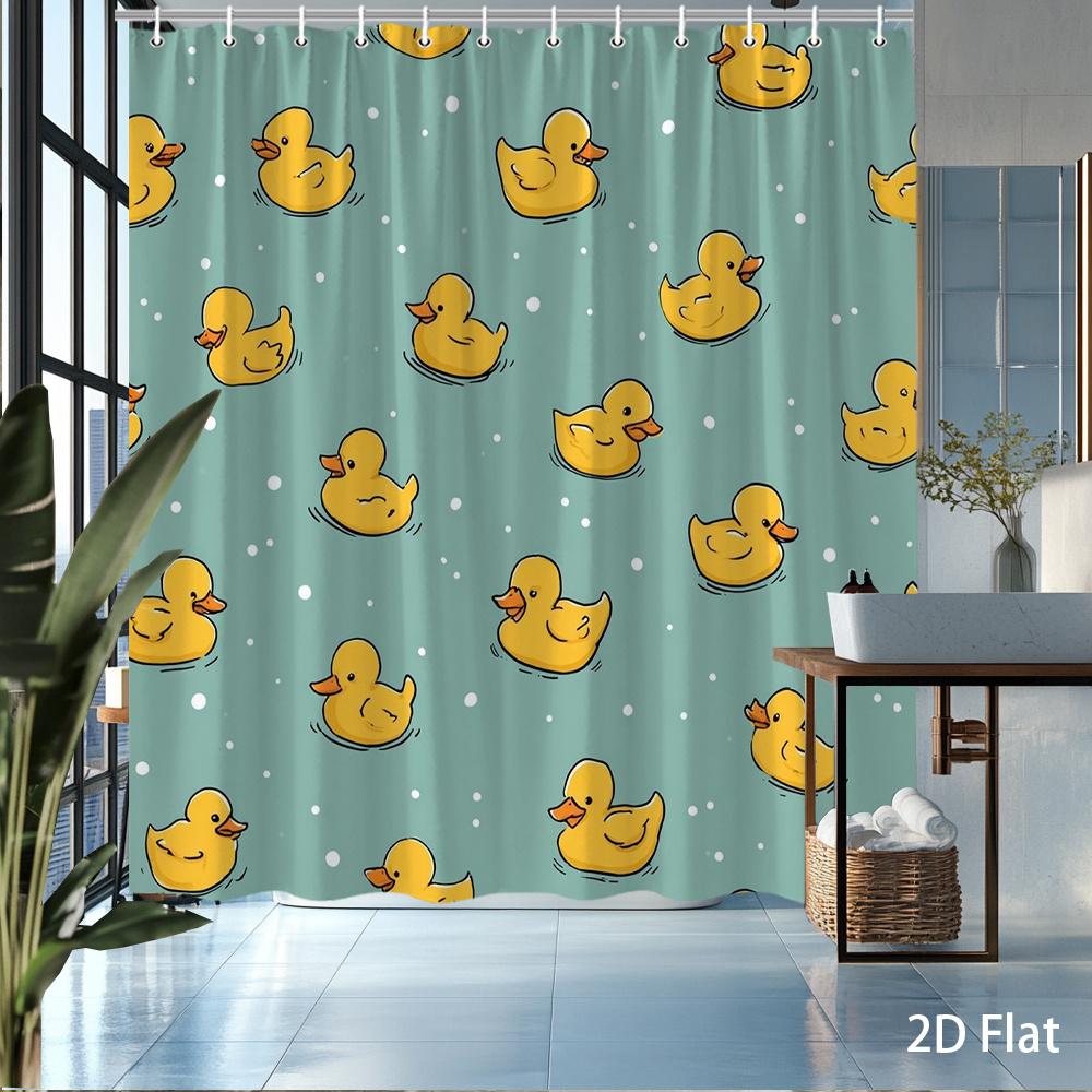 1PC Yellow Duck Shower Curtain – Blue Background, 2D Flat Print, Mildew-Resistant Polyester, 72"x72", w/12 Hooks