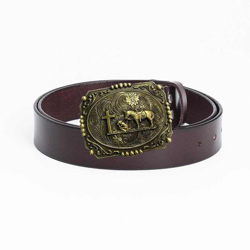 Ремень Western Cowboy Horse Cross из цельной коровьей кожи в винтажном стиле