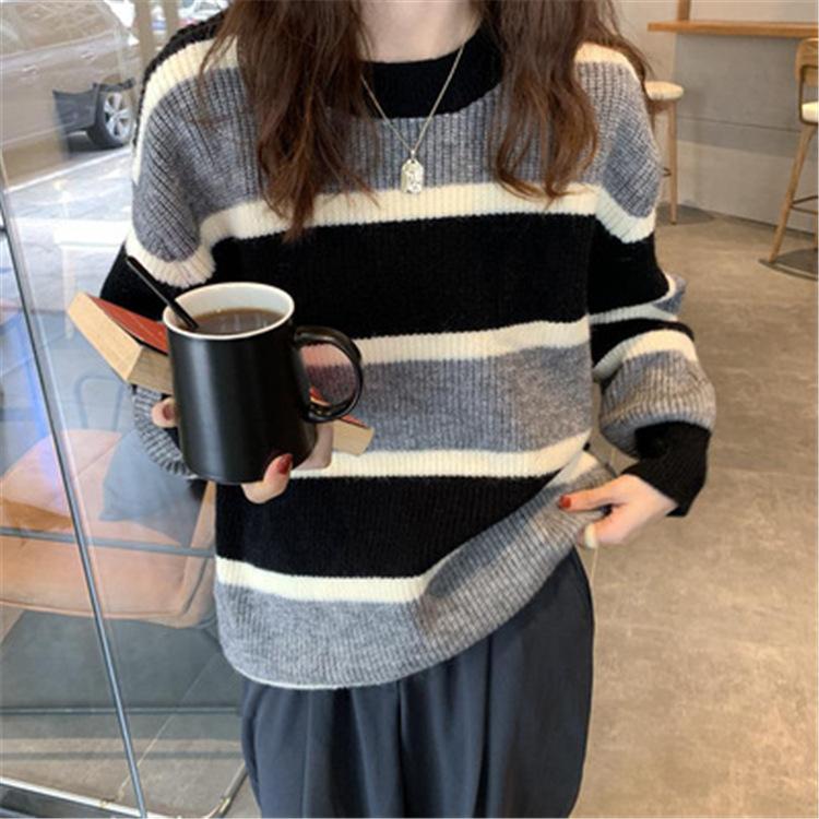 1011 autumn and winter retro niche design sense color matching striped loose round neck college style casual sweater women's bottoming shirt