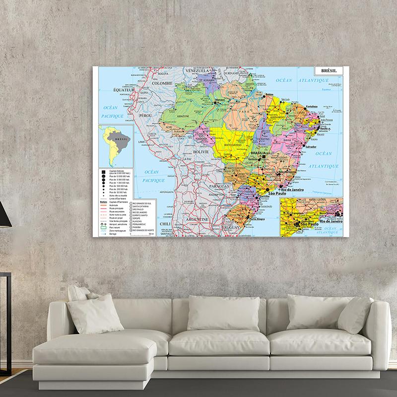 Французская серия карта фон ткань Бразилия административная карта холст живопись гостиная украшение дома детские школьные принадлежности