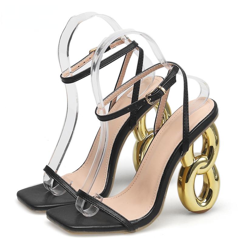 Модные золотые босоножки на каблуке с открытым носком, женские, летние 2024, модные туфли на высоком каблуке с ажурным узором, туфли с пряжкой и ремешком для свадебной вечеринки, туфли-лодочки с открытой пяткой