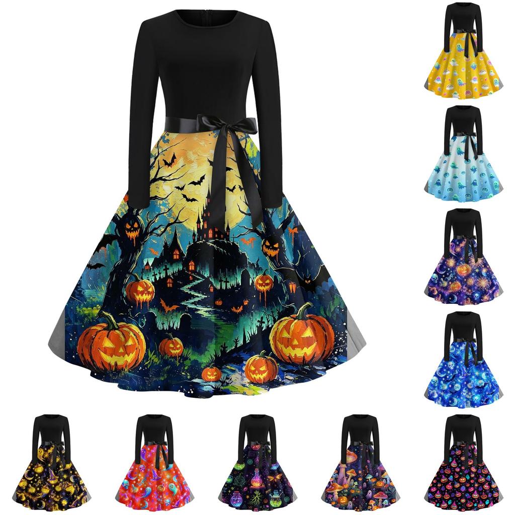 Women Round Neck Halloween Print Dress Long Sleeve Casual Style A Line Dress with Waist Tie for Holiday Party