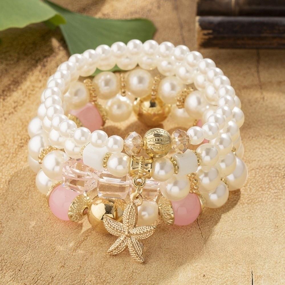 4pcs/set Ethnic Style Simulated Pearl Bracelets Bohemia Style Multilayer Hand Chain Casual Outfit