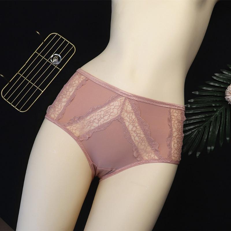 Mid Waist Minimalist Lingerie Women's Sexy Hollow Lace Underwear Ice Silk Breathable Triangle Panties